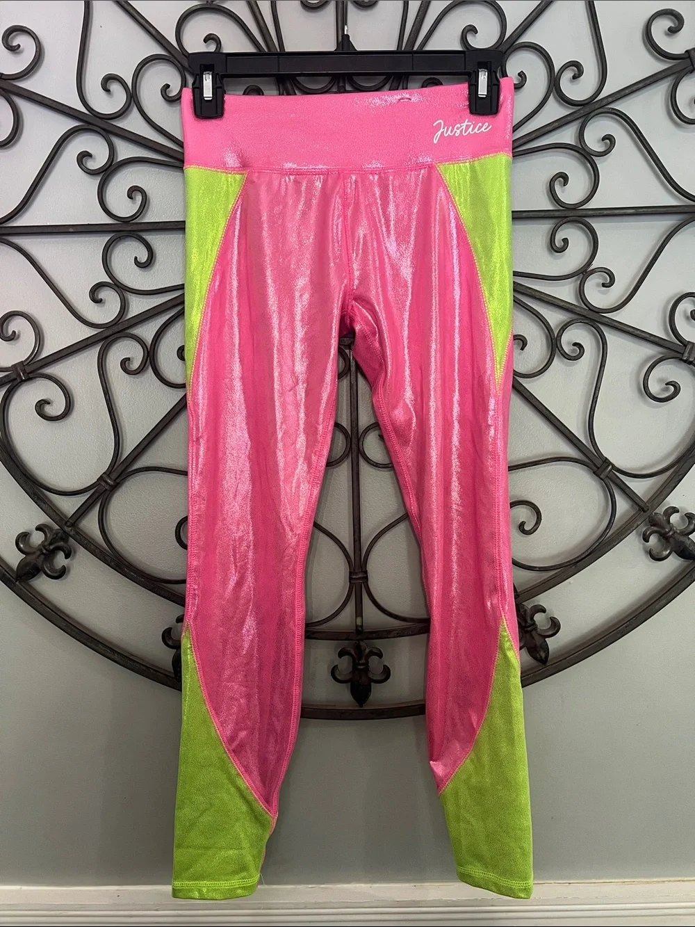 Justice Shiny Hot Pink & Lime Green Colorblock Leggings